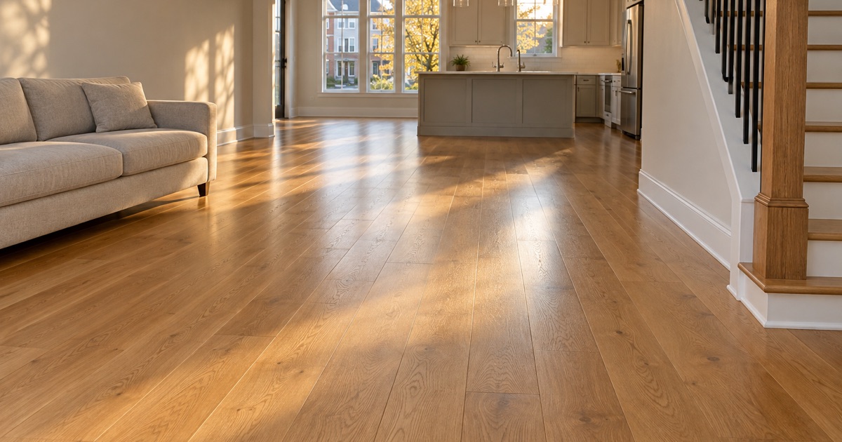 Refinished oak plank floor running from the front door to the kitchen island on the open main level of a Smyrna townhouse.