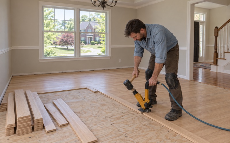 Worker striking a flooring nailer seated on the tongue of a new solid oak board in a Smyrna dining room.