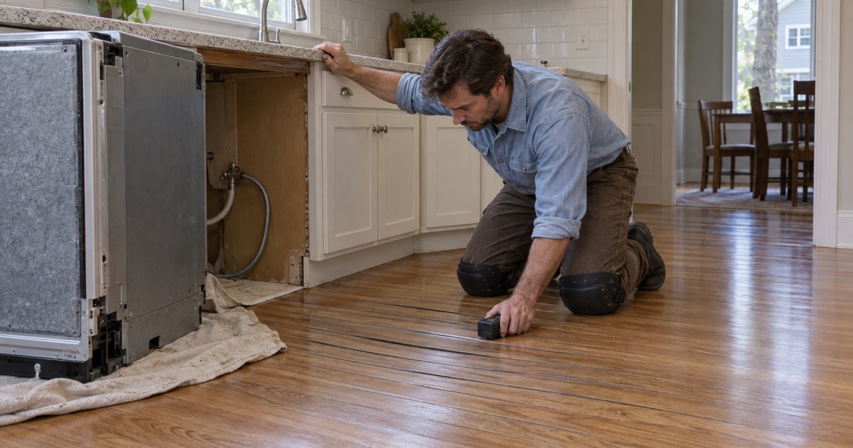 Worker pressing a moisture meter onto water-cupped oak boards beside a dishwasher in a Smyrna kitchen.