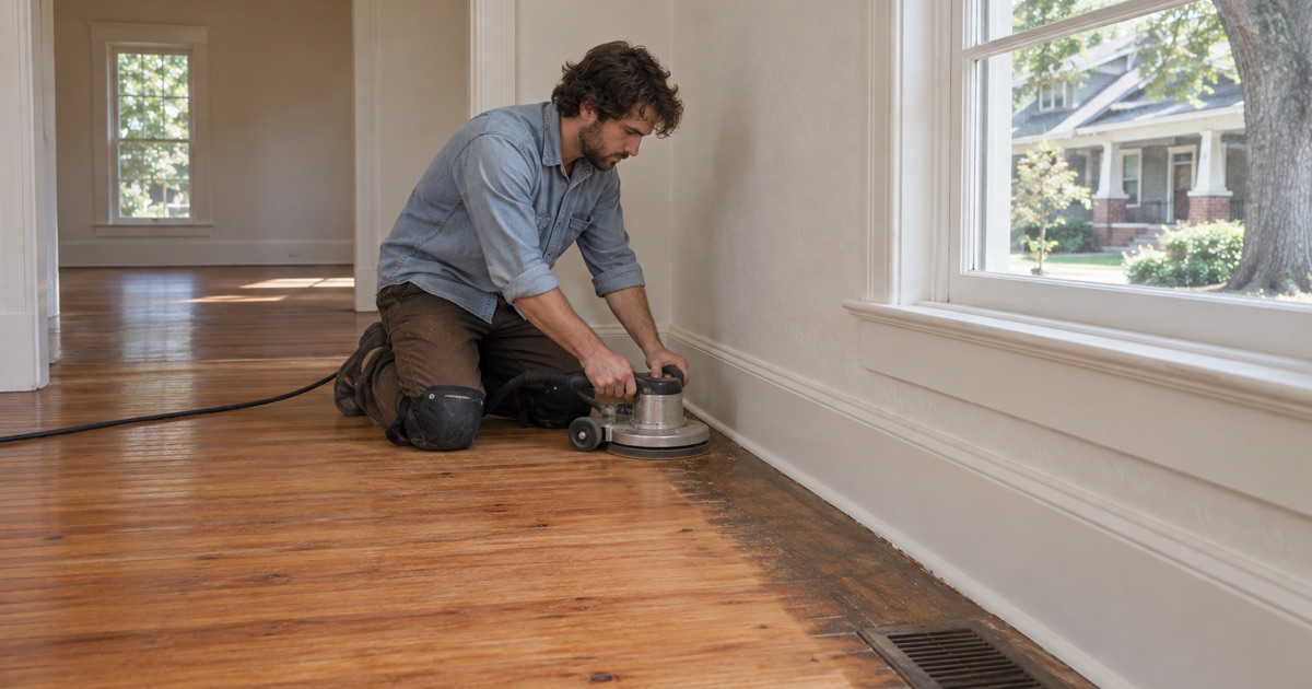 Worker running an edger along the wall of an old heart pine floor coming back to warm amber in an intown bungalow.