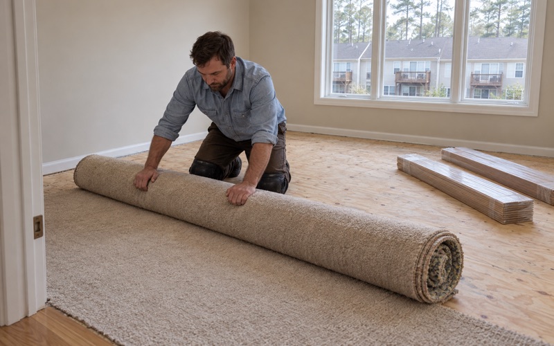 Worker rolling up old carpet from an upstairs bedroom of a Smyrna townhouse to uncover the subfloor for new hardwood.