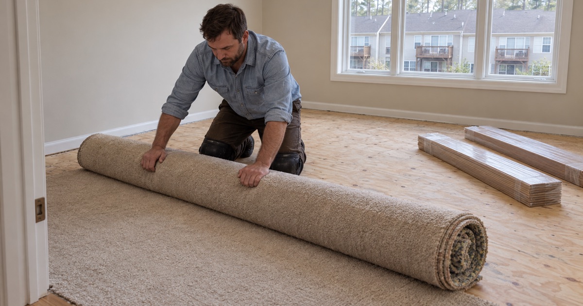 Worker rolling up old carpet from an upstairs bedroom of a Smyrna townhouse to uncover the subfloor for new hardwood.