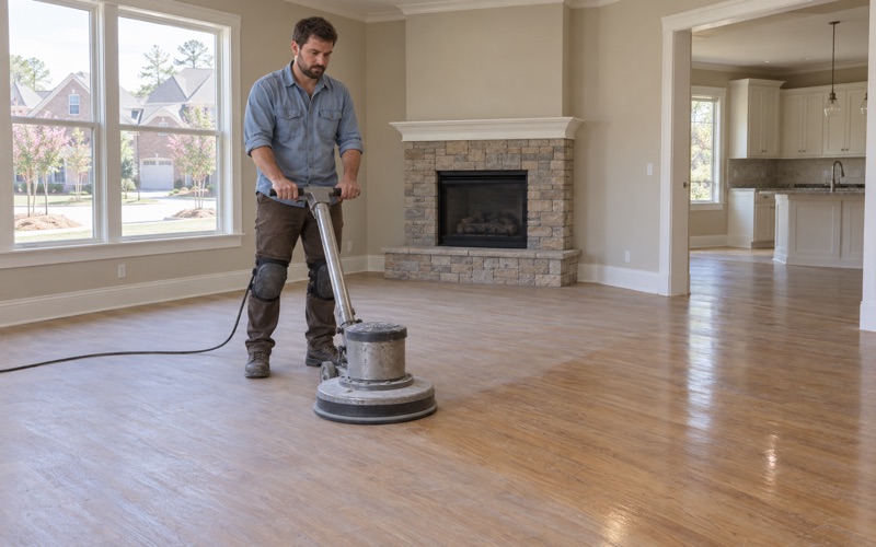 Worker running a floor buffer with a screening pad over a dull oak floor in the living room of a Smyrna subdivision house.