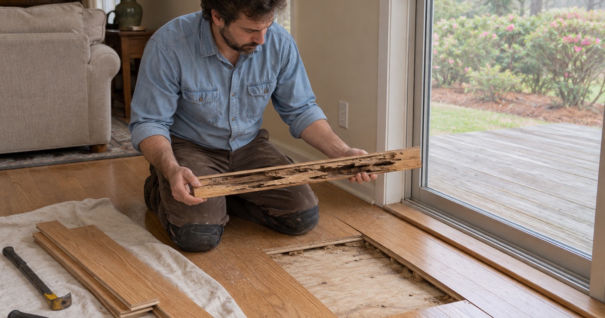 Worker lifting a termite-hollowed oak board out of a floor opening beside a sliding door in a Smyrna house after treatment.
