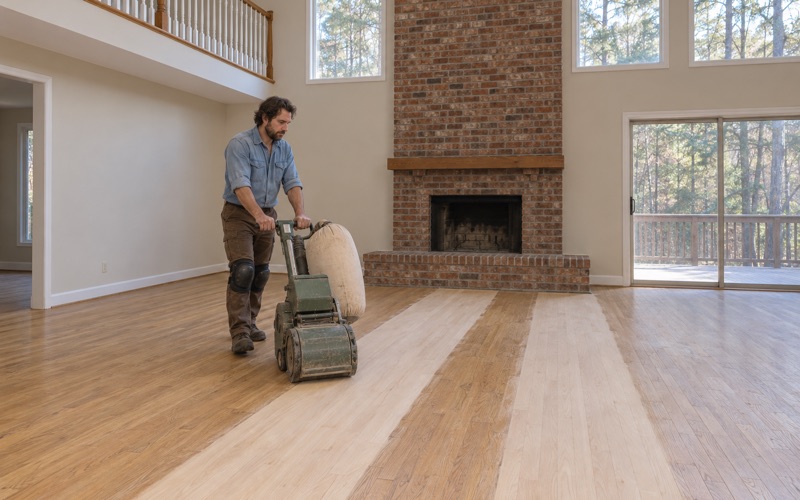 Worker steering a drum sander along red oak flooring in the two-story family room of a 1980s Smyrna house.