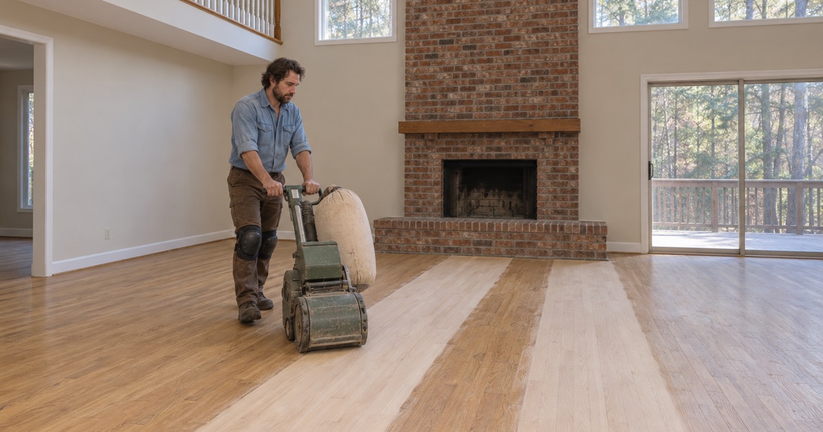 Worker steering a drum sander along red oak flooring in the two-story family room of a 1980s Smyrna house.