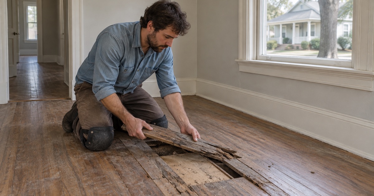 Worker lifting a decayed wood board out of a soft spot in the floor of an older Atlanta rental house.