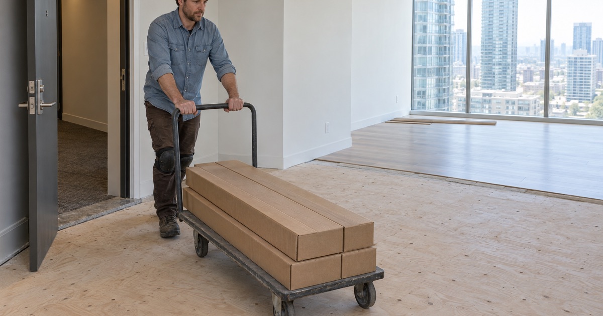 New engineered hardwood arriving by cart at a condominium unit in an Atlantic Station tower.