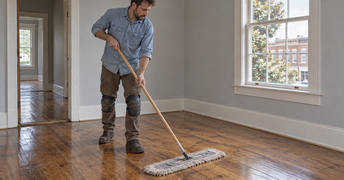 Worker cleaning a refinished old wood floor in one of Austell’s older in-town houses.
