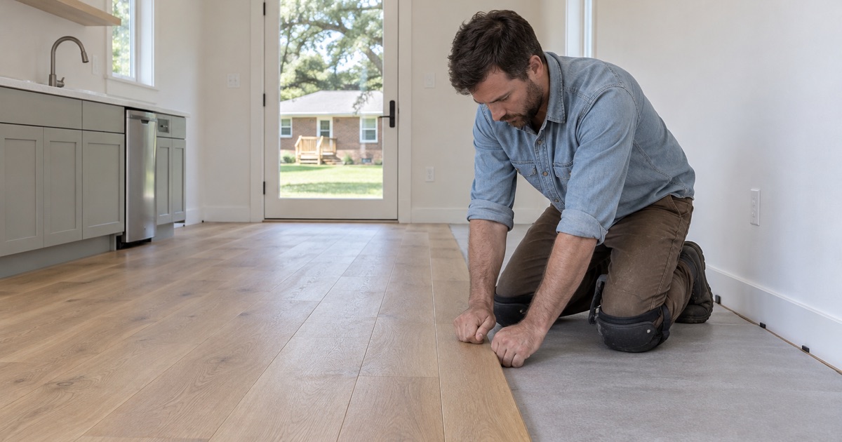 Worker clicking a new engineered hardwood plank into place in a small backyard cottage behind a Brookhaven house.