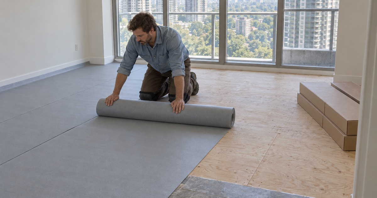 Worker unrolling underlayment across a stripped floor inside an older high-rise condominium unit in Buckhead.