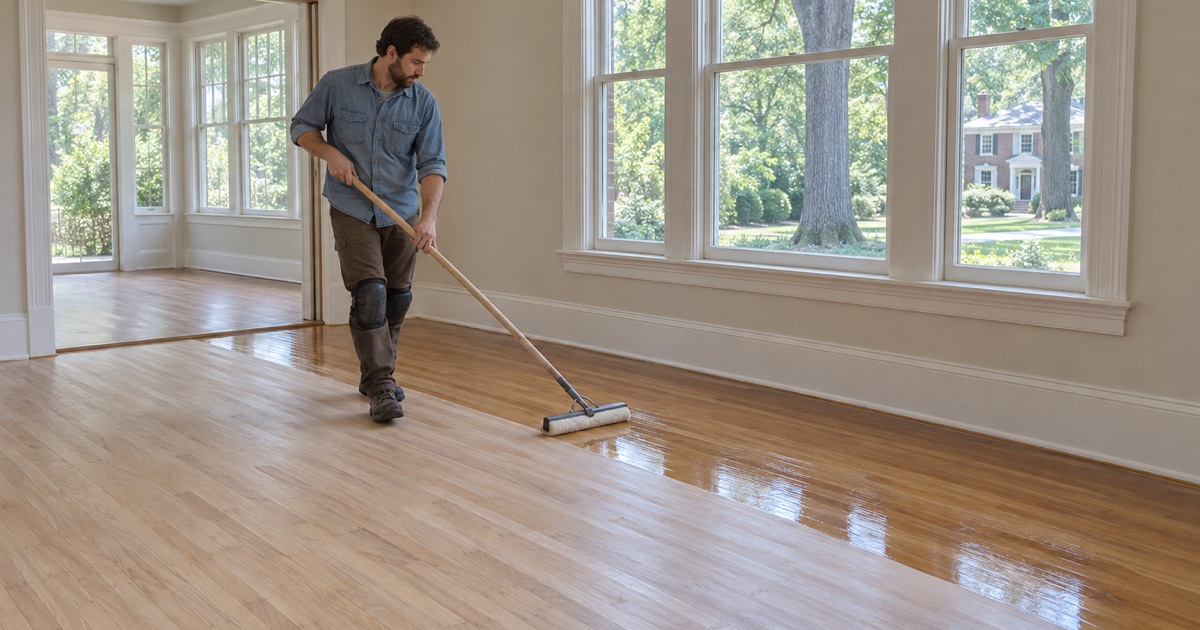 Worker applying a coat of finish with a lambswool applicator across the wood floor of a long-held Druid Hills home.