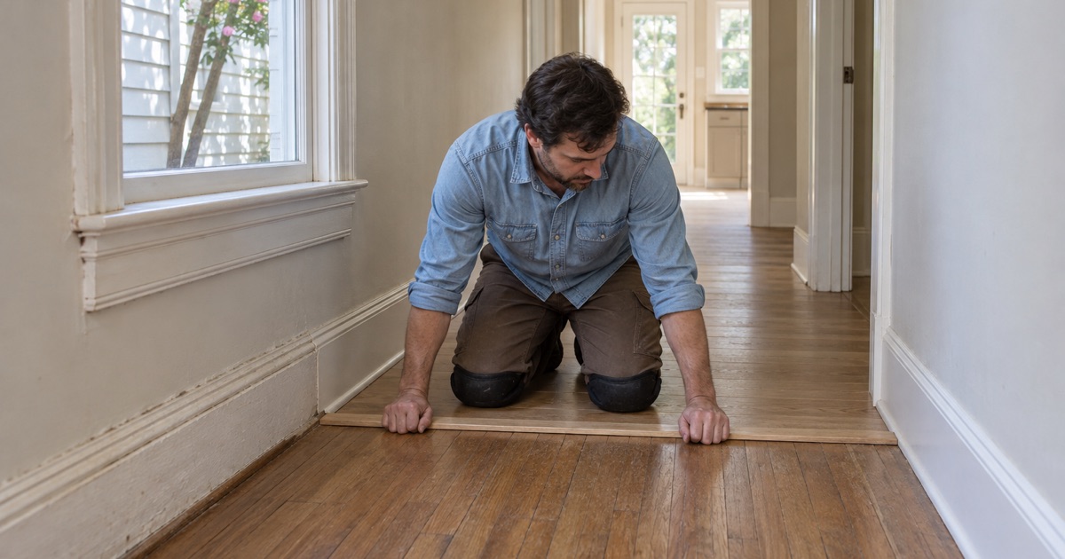 Worker pressing a flush transition into place where a rear addition meets the original floor of a narrow Inman Park house.