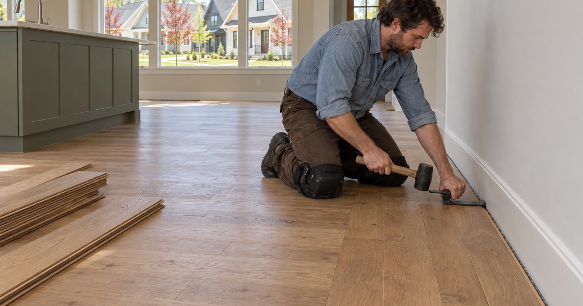 Worker drawing the last row of new oak plank tight in a newly built Lilburn cottage.