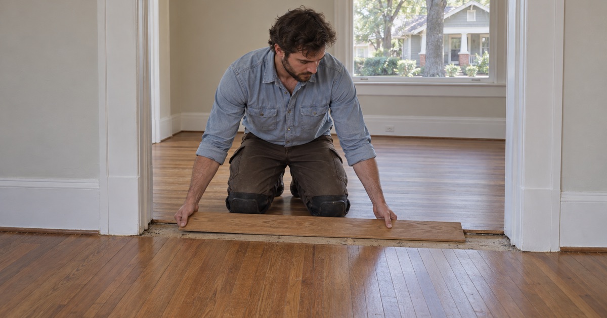 Worker setting a header board at a doorway where the floor turns direction between rooms of an older Marietta bungalow.
