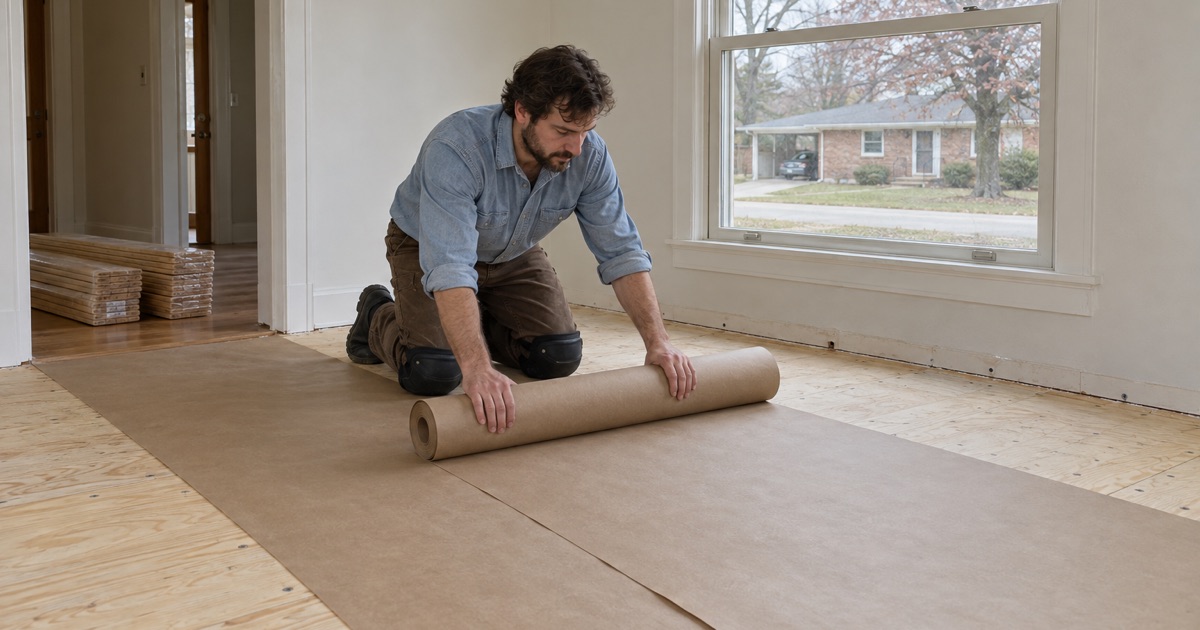 Subfloor being readied for new wood flooring in a Norcross house changing hands.