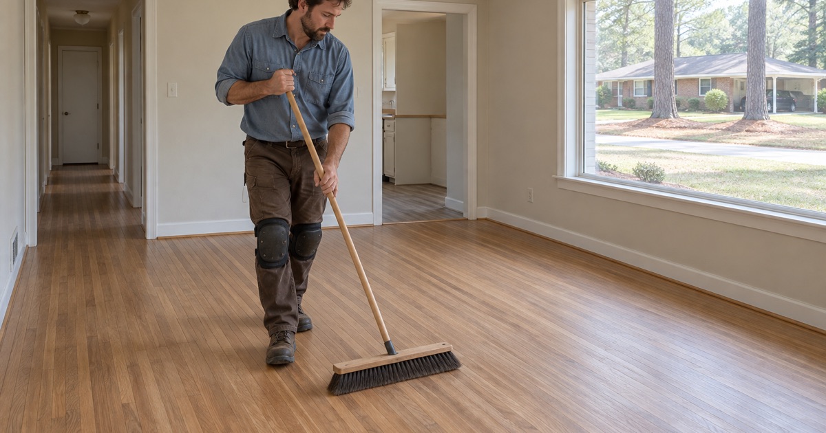 Worker sweeping an oak floor ahead of a new finish coat in a North Druid Hills ranch.