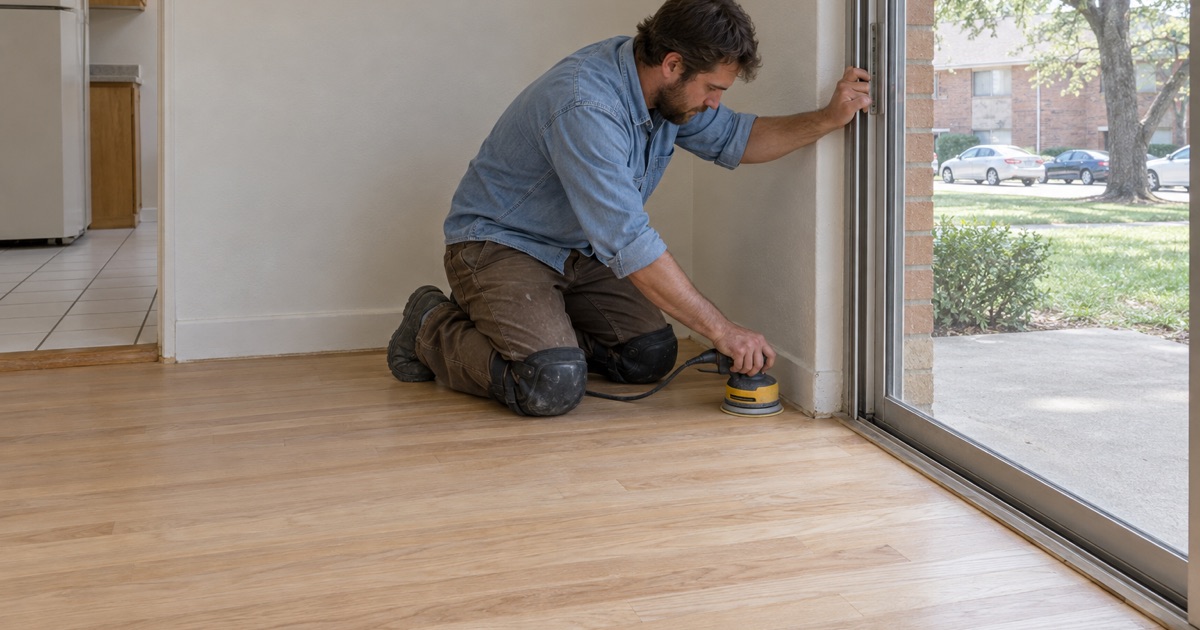 Worker sanding a worn corner of an oak floor by hand in an empty 1970s apartment unit in Sandy Springs.