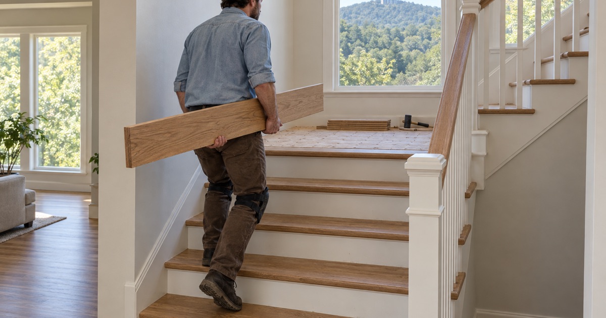 Worker carrying a long oak board up to a mid-level landing in a multi-level house on the slope below Vinings Mountain.