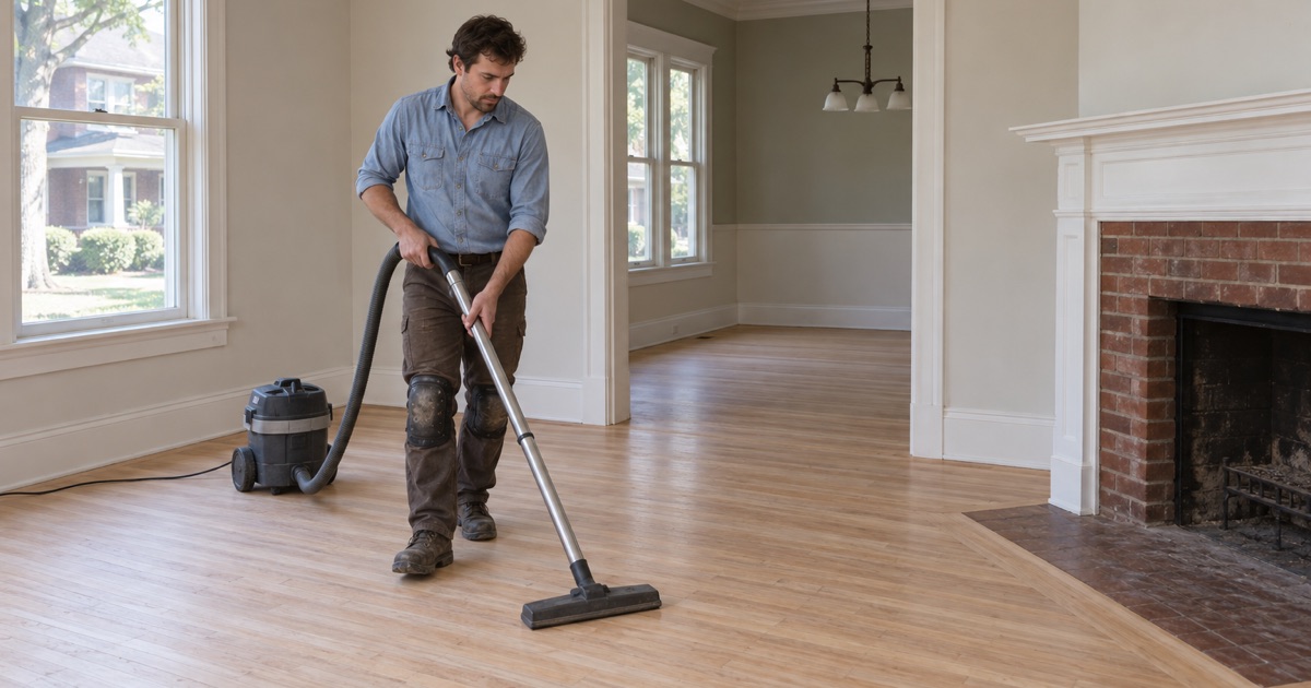 Worker vacuuming sanding dust from a freshly sanded wood floor in a brick-veneered 1910s house in Virginia-Highland.
