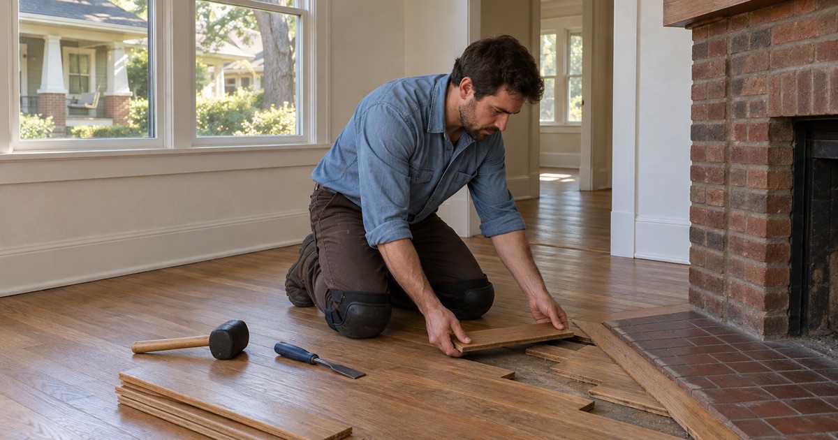 Replacement boards being laced into an old bungalow floor beside the hearth in Westview.